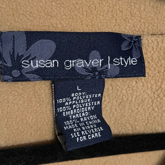 Sz L Susan Graver White Roses Embroidered Brown Light Wt Full Zip Front Jacket - Picture 6 of 6